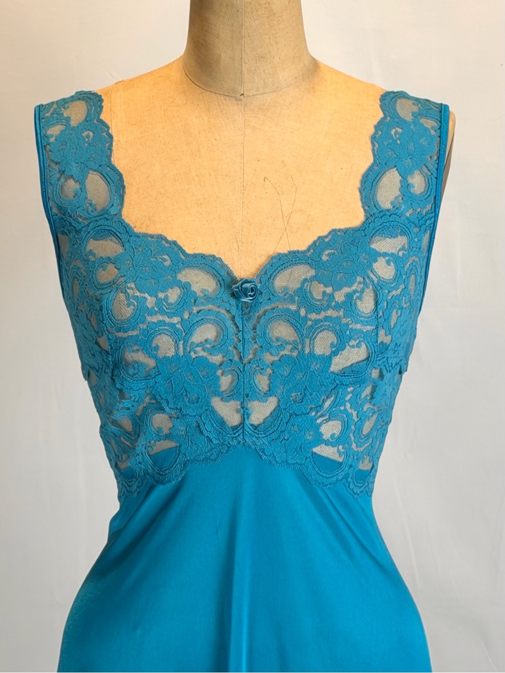 VINTAGE 80s lace floral bodice slip dress nightgown long maxi evening teal blue‎ - Picture 3 of 9